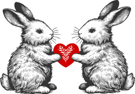 cute rabbits facing each other, holding a red decorative heart, symbolizing love and affection sketch engraving vector illustration. Scratch board imitation. Black and white image.のイラスト素材
