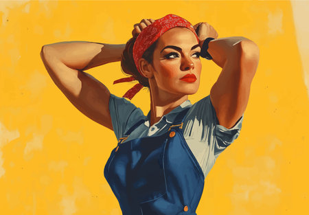 confident woman in denim overalls adjusting a red bandana, symbolizing empowerment and determination. Generative ai vector colorful illustration.の素材