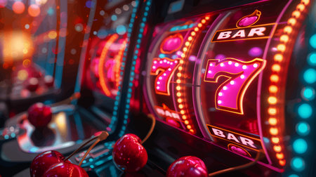 close-up of a glowing casino slot machine showing triple sevens, surrounded by neon lights and vibrant reflections. Generative ai vector colorful illustration.の素材