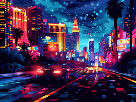 neon-lit cityscape featuring a sleek sports car driving under starry skies through colorful nightlife streets. vector colorful illustration.のイラスト素材