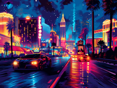 neon-lit cityscape featuring a sleek sports car driving under starry skies through colorful nightlife streets. vector colorful illustration.のイラスト素材