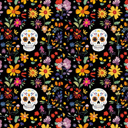 Seamless pattern with decorated sugar skulls and vibrant flowers on black background, inspired by Dia de los Muertos traditions. Generative ai vector colorful illustration.の素材