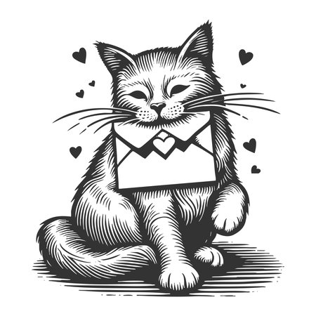adorable kitten holding a heart envelope and flower, perfect for romantic or Valentine themes sketch engraving vector illustration. Scratch board imitation. Black and white image.のイラスト素材