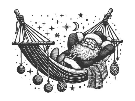 Santa Claus peacefully napping in a hammock, representing post-holiday rest and relaxation sketch engraving fictional character vector illustration. Scratch board. Black and white image.のイラスト素材