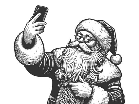 Santa Claus holding a smartphone and taking a selfie sketch engraving fictional character vector illustration. Scratch board imitation. Black and white image.のイラスト素材