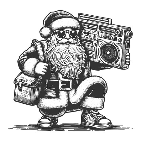 Santa Claus wearing sunglasses and holding a large boombox on his shoulder sketch engraving fictional character vector illustration. Scratch board imitation. Black and white image.のイラスト素材