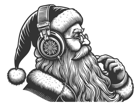 Santa Claus wearing modern headphones sketch engraving fictional character vector illustration. Scratch board imitation. Black and white image.のイラスト素材