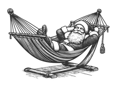Santa Claus peacefully napping in a hammock, representing post-holiday rest and relaxation sketch engraving fictional character vector illustration. Scratch board. Black and white image.のイラスト素材