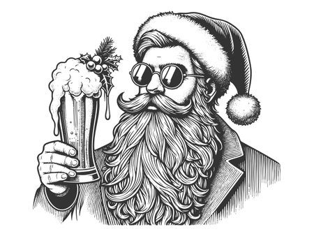 Santa Claus wearing sunglasses and a festive hat, drinking a frothy beer from a mug sketch engraving fictional character vector illustration. Scratch board imitation. Black and white.のイラスト素材