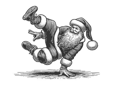 Santa Claus performing a breakdance sketch engraving fictional character raster illustration. Scratch board imitation. Black and white image.の写真素材