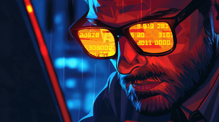 hacker or cybersecurity expert wearing sunglasses, with glowing code reflected in the lenses. vector colorful illustration.のイラスト素材