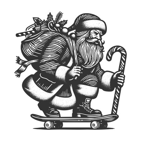 Santa Claus skateboarding with a sack of gifts and using a candy cane for balance sketch engraving generative ai fictional character vector illustration. Scratch board imitation. Black and white imageの素材