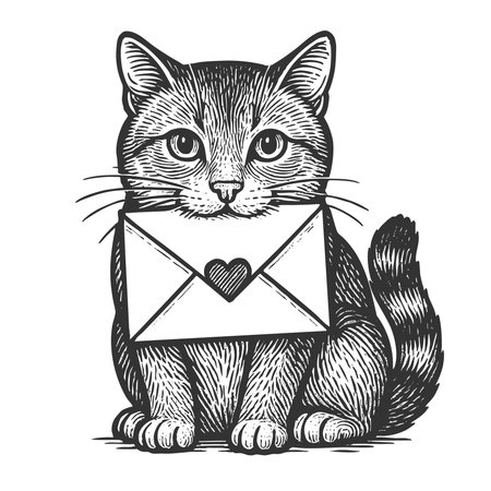 adorable kitten holding a heart envelope and flower, perfect for romantic or Valentine themes sketch engraving vector illustration. Scratch board imitation. Black and white image.のイラスト素材