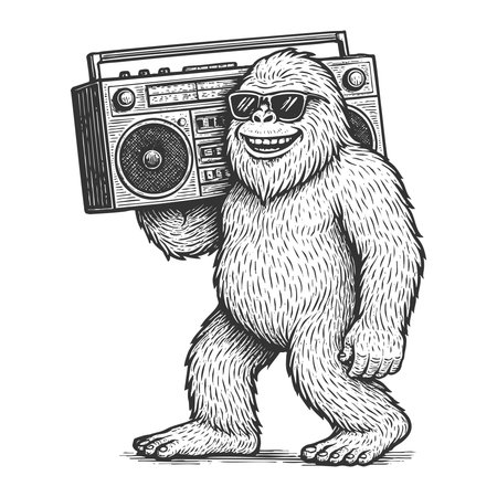 smiling yeti wearing sunglasses and carrying a large boombox on its shoulder sketch engraving fictional character vector illustration. Scratch board imitation. Black and white image.のイラスト素材