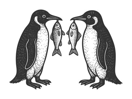 penguins standing face to face, each holding a fish in its beak sketch engraving raster illustration. Scratch board imitation. Black and white image.の写真素材