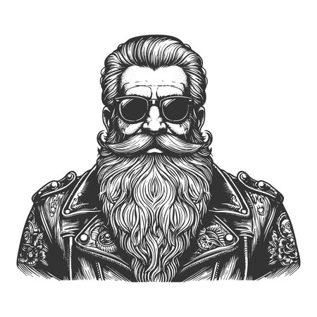 tough-looking man with a full beard, sunglasses, and studded leather jacket sketch engraving fictional character vector illustration. Scratch board imitation. Black and white image.のイラスト素材
