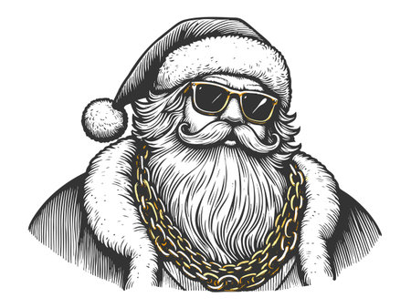 Santa Claus wearing sunglasses and a gold chn sketch engraving fictional character vector illustration. Scratch board imitation. Black and white image.のイラスト素材