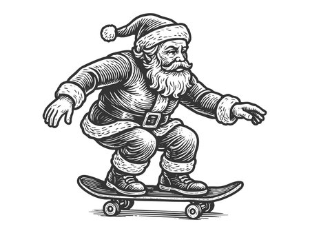 Santa Claus riding a skateboard, blending classic holiday imagery with urban street culture sketch engraving fictional character raster illustration. Scratch board. Black and white imageの写真素材