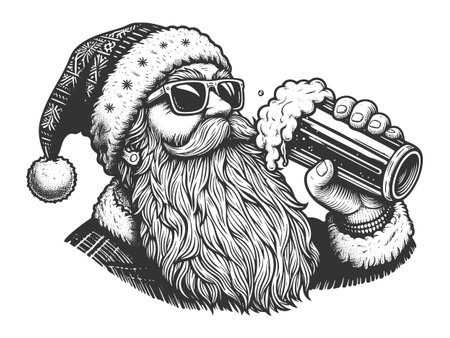 Santa Claus wearing sunglasses and a festive hat, drinking a frothy beer from a mug sketch engraving fictional character vector illustration. Scratch board imitation. Black and white.のイラスト素材