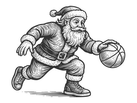 Santa Claus dribbling a basketball while wearing sneakers and his classic Christmas outfit sketch engraving fictional character raster illustration. Scratch board. Black and white.の写真素材