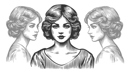 woman shown from three angles sketch engraving fictional character raster illustration. Scratch board imitation. Black and white image.の写真素材