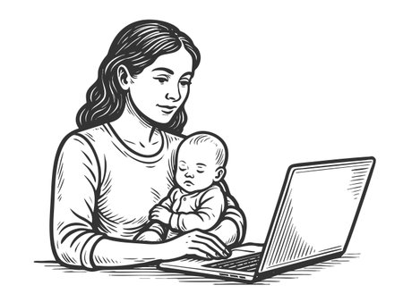 multitasking mother using a laptop with a sleeping baby in her arms sketch engraving generative ai fictional character vector illustration. Scratch board imitation. Black and white image.の素材