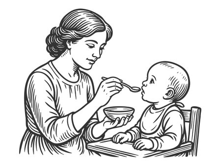 nurturing mother gently feeding her baby with a spoon, symbolizing care and nourishment sketch engraving generative ai fictional character vector illustration. Scratch board imitation. Black and whiteの素材