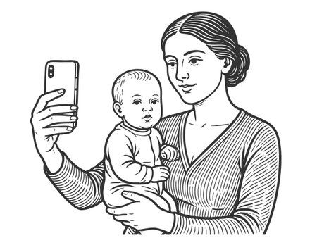 mother holding her baby and taking a selfie sketch engraving generative ai fictional character vector illustration. Scratch board imitation. Black and white image.の素材