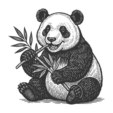 adorable panda chewing bamboo sketch engraving generative ai fictional character raster illustration. Scratch board imitation. Black and white image.の素材