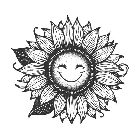 cheerful sunflower with a happy smiling face sketch engraving generative ai raster illustration. Scratch board imitation. Black and white image.の素材