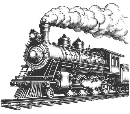 classic steam locomotive pulling passenger cars, with thick smoke rising above the engine sketch engraving vector illustration. Scratch board imitation. Black and white image.のイラスト素材