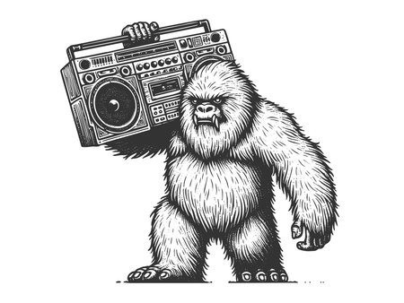 smiling yeti wearing sunglasses and carrying a large boombox on its shoulder sketch engraving generative ai fictional character raster illustration. Scratch board imitation. Black and white image.の素材