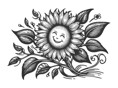 cheerful sunflower with a happy smiling face sketch engraving generative ai raster illustration. Scratch board imitation. Black and white image.の素材