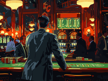 man in a suit standing at a roulette table in a luxurious, dimly lit casino filled with slot machines. Generative ai raster colorful illustration.の素材