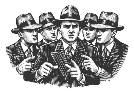 serious vintage mobsters in suits and hats, evoking classic crime and noir themes sketch engraving generative ai fictional character raster illustration. Scratch board imitation. Black and white imageの素材