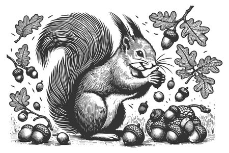 squirrel perched on a tree stump, collecting acorns with leafy plants surrounding it sketch engraving generative ai raster illustration. Scratch board imitation. Black and white image.の素材