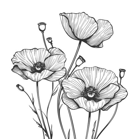 poppy flowers in bloom, showcasing natural beauty with a vintage botanical engraving style sketch engraving raster illustration. Scratch board imitation. Black and white image.の写真素材