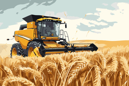 combine harvester harvesting golden wheat under a cloudy sky, representing modern farming and agriculture. Generative ai vector colorful illustration.の素材
