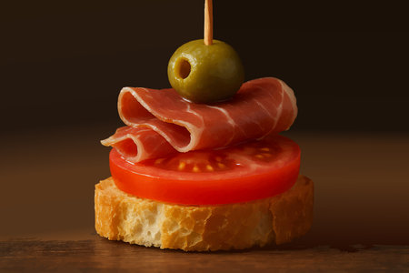 Elegant appetizer made with sliced tomato, cured prosciutto, and green olive on toasted bread, held together with a toothpick. Generative ai vector colorful illustration.の素材