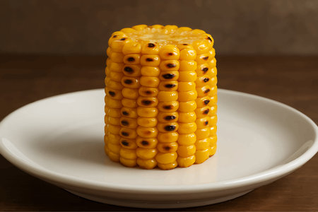 Close-up of a vertical grilled corn on the cob with char marks, served on a clean white plate agnst...
