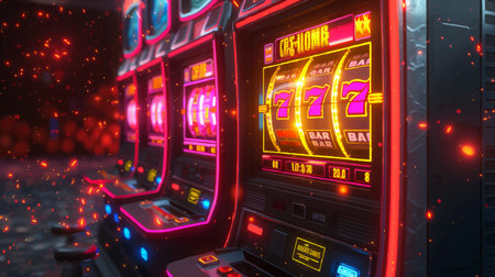 close-up of a glowing casino slot machine showing triple sevens, surrounded by neon lights and vibrant reflections. vector colorful illustration.のイラスト素材