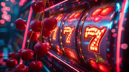 slot machine with cherries and sevens, symbolizing luck, casino wins, and vibrant nightlife gaming. vector colorful illustration.のイラスト素材