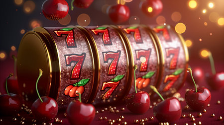 slot machine showing red sevens and cherries, symbolizing a big win in a casino setting. raster colorful illustration.の写真素材