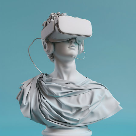 Digital artwork of a Greco-Roman style marble bust wearing a modern VR headset, blending classical sculpture with futuristic technology. raster colorful illustration.の写真素材