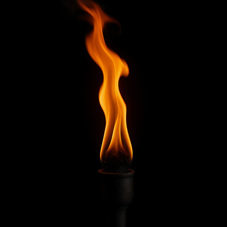 Torch flame rising in darkness, isolated agnst a black background, symbolizing fire, energy, passion, or tradition. raster colorful isolated illustration on white background.の写真素材