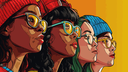 four fashionable young women in beanies and glasses, looking confidently toward the future. Generative ai vector colorful isolated illustration on white background.の素材