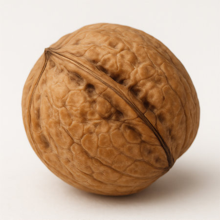 Close-up of a single walnut with textured brown shell, isolated on white background.