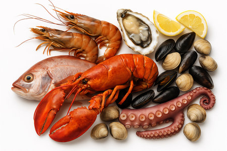 raw seafood variety including lobster, shrimp, fish, mussels, clams, octopus, oyster, and lemon...