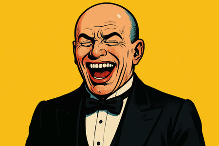 man in a tuxedo laughing heartily against a bright yellow background, radiating joy and charisma. Generative ai vector colorful pop art illustration.の素材