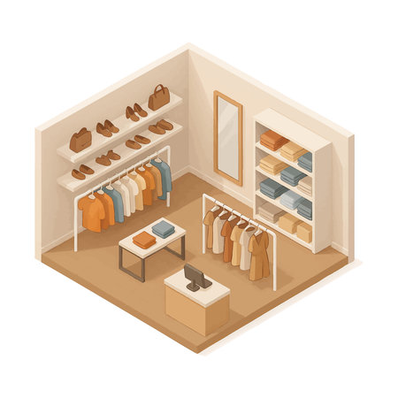 modern clothing store interior, folded garments on shelves, shoes and bags on display, a checkout counter, and a wall mirror. Isometric Generative ai vector colorful illustration.の素材